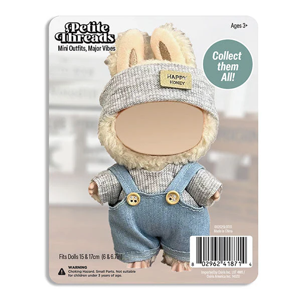 Outfit: Blue Denim Overalls & Knit Grey Top w/ Matching Headband for Dolls - Petite Threads - Image 2